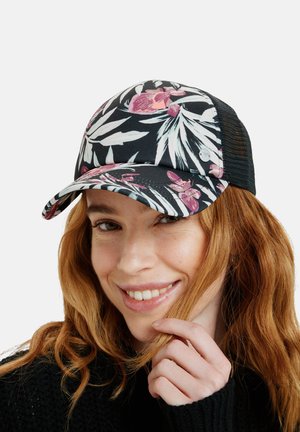 Schwarze Blumenmütze mit solidem schwarzem Netzrücken, verziert mit pinken und weißen botanischen Mustern am Schirm und an der Krone.