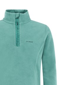 Lichtblauwe fleece pullover met een halvemaan-rits kraag. Heeft een subtiele logo op de borst en een zachte, gestructureerde afwerking.