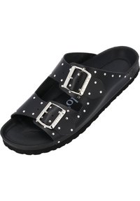 Infradito neri con due fibbie decorative, caratterizzati da un design borchiato, realizzati in materiale sintetico e con suola in gomma testurizzata.