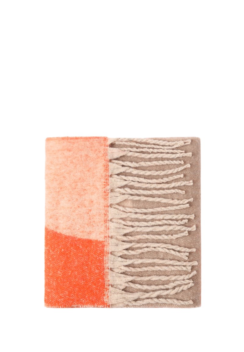 Wełniany koc w odcieniach pomarańczowego i beżowego z teksturowanym wzorem. Posiada węzłowy frędzel wzdłuż jednego brzegu, co dodaje mu charakteru.