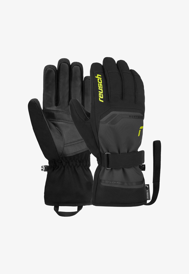 Reusch-Handschuhe mit einer schwarzen Lederhandsfläche, schwarzem Stoffrücken, elastischen Bündchen und einem wasserdichten Etikett. Mit verstellbaren Handgelenkriemen.