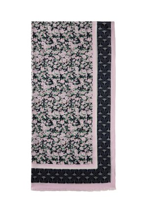 Floral scarf featuring a navy background, pink and white flower pattern, and contrasting patterned borders in dark and light colors.