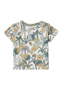 Koszulka z krótkim rękawem wykonana z bawełny w kolorze białym, ozdobiona zielonym i żółtym wzorem tropikalnych ptaków i roślin. Posiada okrągły dekolt oraz detal z zatrzaskiem na ramieniu.