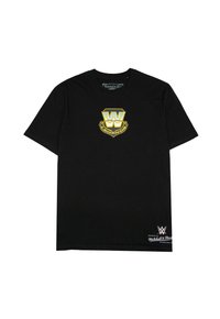 Schwarzes Baumwoll-T-Shirt mit einem goldenen und blauen "W"-Logo und dem Text "LEGENDS" sowie einem kleinen weißen WWE-Logo am Saum. Kurze Ärmel, Rundhalsausschnitt.