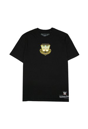 Schwarzes Baumwoll-T-Shirt mit einem goldenen und blauen "W"-Logo und dem Text "LEGENDS" sowie einem kleinen weißen WWE-Logo am Saum. Kurze Ärmel, Rundhalsausschnitt.