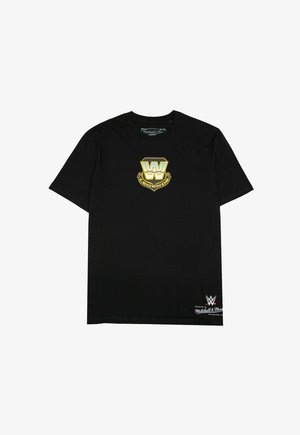 Black cotton t-shirt featuring a gold and blue "W" logo with "LEGENDS" text and a small white WWE logo on the hem. Short sleeves, crew neckline.