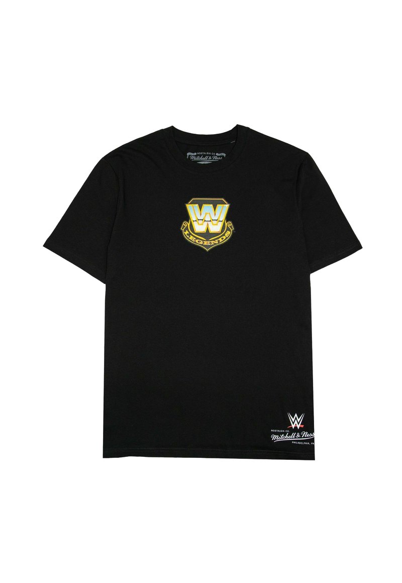 Schwarzes Baumwoll-T-Shirt mit einem goldenen und blauen "W"-Logo und dem Text "LEGENDS" sowie einem kleinen weißen WWE-Logo am Saum. Kurze Ärmel, Rundhalsausschnitt.
