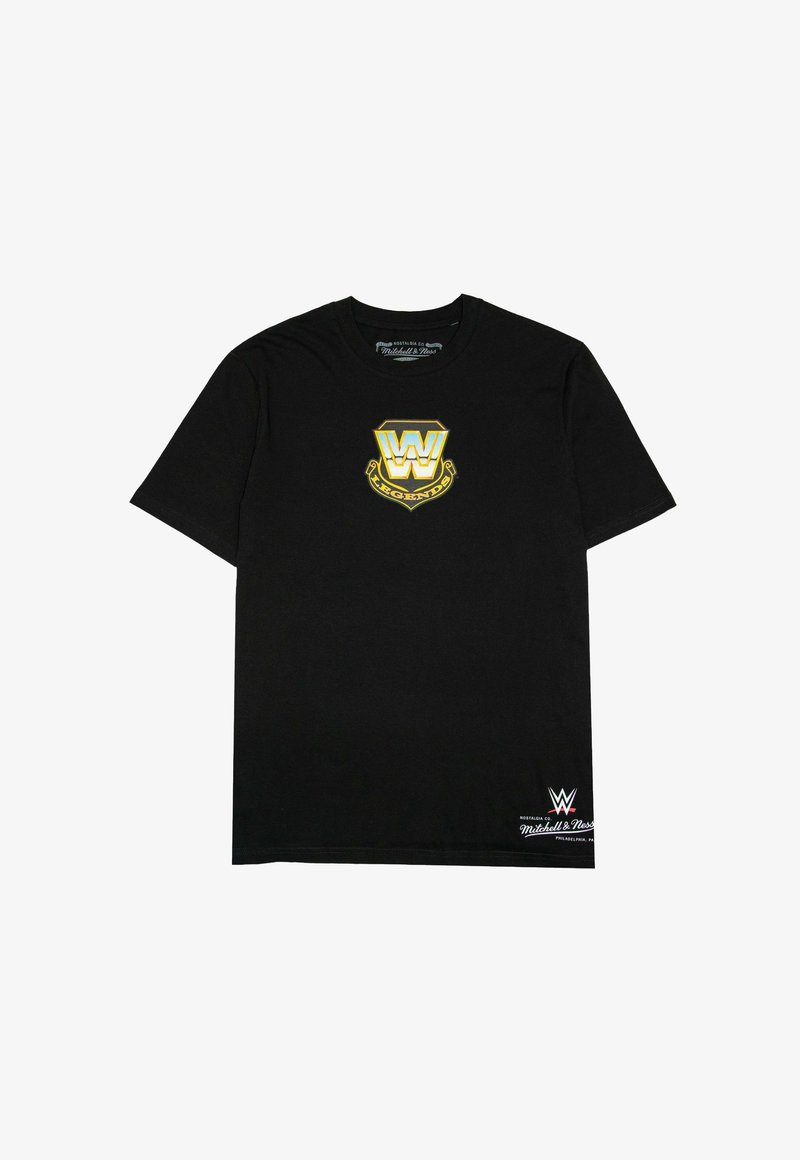 Schwarzes Baumwoll-T-Shirt mit einem goldenen und blauen "W"-Logo und dem Text "LEGENDS" sowie einem kleinen weißen WWE-Logo am Saum. Kurze Ärmel, Rundhalsausschnitt.