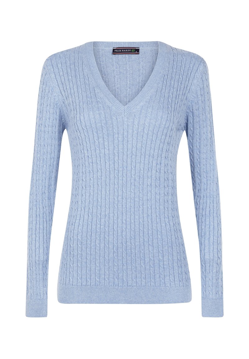 Maglione lavorato a maglia azzurro chiaro con scollo a V, maniche lunghe, texture a costine e silhouette aderente. L'etichetta reca la scritta "FELIX HARDY."