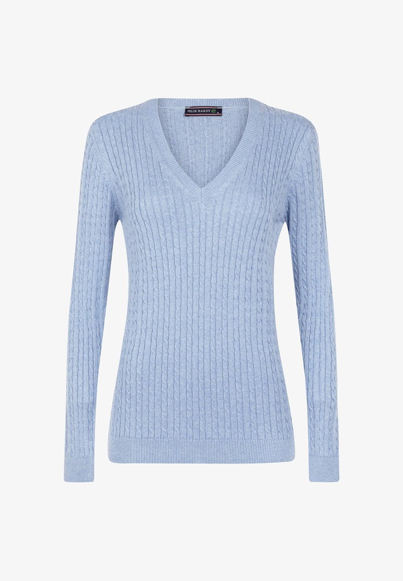 Hellblauer Strickpullover mit V-Ausschnitt, langen Ärmeln, gerippter Textur und taillierter Passform. Das Etikett trägt die Aufschrift "FELIX HARDY."