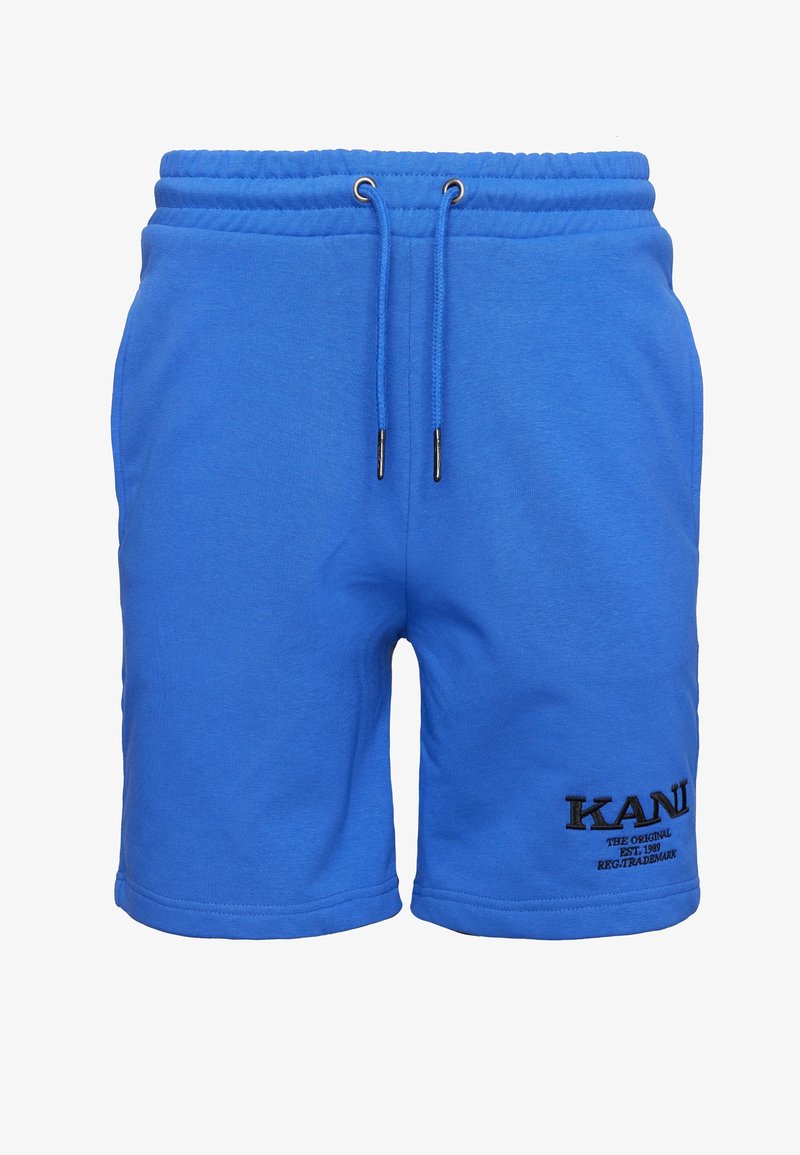 Shorts en coton bleu avec une taille élastique, cordon de serrage et logo brodé noir sur le côté inférieur. Texture lisse.