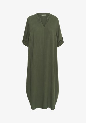 Olivovozelené, voľné šaty s výstrihom do V, polovičné rukávy s roztočenými koncami a hladká, textúrovaná tkanina.