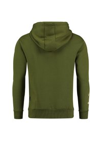 Felpa verde oliva con una texture morbida, dotata di cappuccio, polsini a costine e un dettaglio del logo sulla manica sinistra. Design e vestibilità classici.