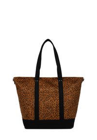 Borsa tote in stampa leopardata marrone con accenti e manici neri, dotata di chiusura con zip e tasca. Realizzata in tessuto resistente con un design spazioso.
