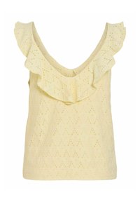 Top sans manches jaune pâle en tissu ajouré, avec un large col à volants et un subtil motif en zigzag.