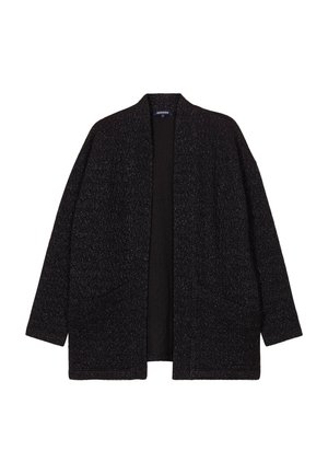 Schwarze offene Strickjacke aus strukturiertem Material mit zwei vorderen Taschen und lockerer Passform. Bietet ein minimalistisches Design ohne Verschlüsse.