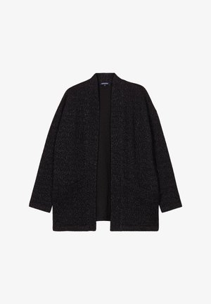 Zwarte open voor cardigan gemaakt van textuur gebreide stof met twee voortassen en een ontspannen pasvorm. Kenmerkt zich door een minimalistisch ontwerp zonder sluitingen.