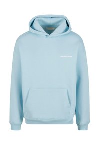 Svjetloplava majica s kapuljačom napravljena od pamuka. Ima prednji džep, rebraste manžetne i mali bijeli logo s natpisom "ANOTHER COTTON" na prsima.