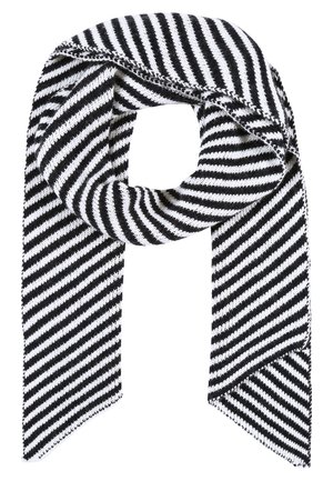 Écharpe tricotée noire et blanche avec des rayures diagonales, pliée en boucle avec des extrémités pointues qui pendent.
