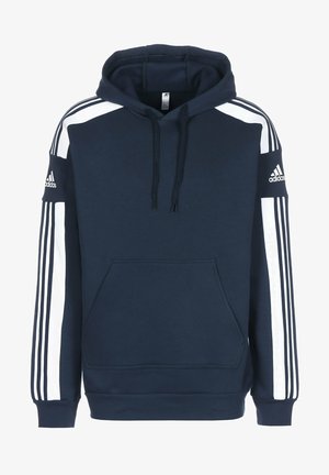 Navy Hoodie aus Baumwolle mit weißen Seitenstreifen und Akzenten, ausgestattet mit einer Fronttasche, Kordeln und Adidas-Logo am Ärmel.