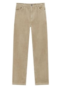 Pantalon en velours côtelé beige à rayures verticales. Présente une taille standard avec un bouton à l'avant et un design à cinq poches, coupe droite.