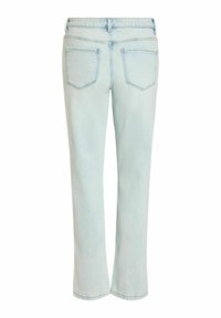 Svetlo modre jeans hlače iz jeansa, prikazane od zadaj, z dvema zadnjima žepoma, zankami za pas in ravnim krojem nogavic.