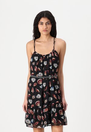 Black dress with a flared skirt, featuring colorful shell patterns. Adjustable spaghetti straps and a gathered bodice with a decorative belt.