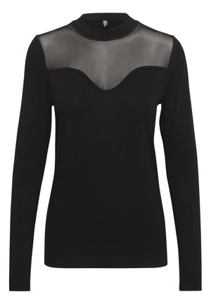 Top negro de manga larga con un panel de malla negra transparente en el pecho, que cuenta con un cuello alto y una silueta ajustada.