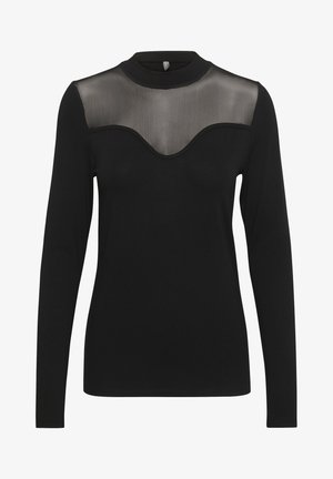 Juodas ilgomis rankovėmis viršus su permatomu juodu tinklo elementu per krūtinę, su aukštu kaklo iškirpimu ir prigludusia siluetu.