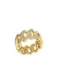 Anello in tonalità oro con design intrecciato, adornato da accenti scintillanti, superficie liscia e lucida, e una struttura robusta.