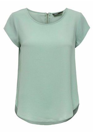 Lysegrøn kortærmet bluse med rund halsudskæring, subtil tekstur og lynlåslukning bagpå, let længere bagpå forneden.