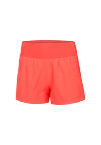 Helle korallenfarbene Sportshorts mit einem breiten Bund, hergestellt aus glattem Stretchstoff, mit flachen Nähten und ohne sichtbare Taschen.