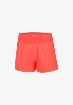 Bright coral athletic shorts with a wide waistband, made of smooth stretch fabric, featuring flat seams and no visible pockets.