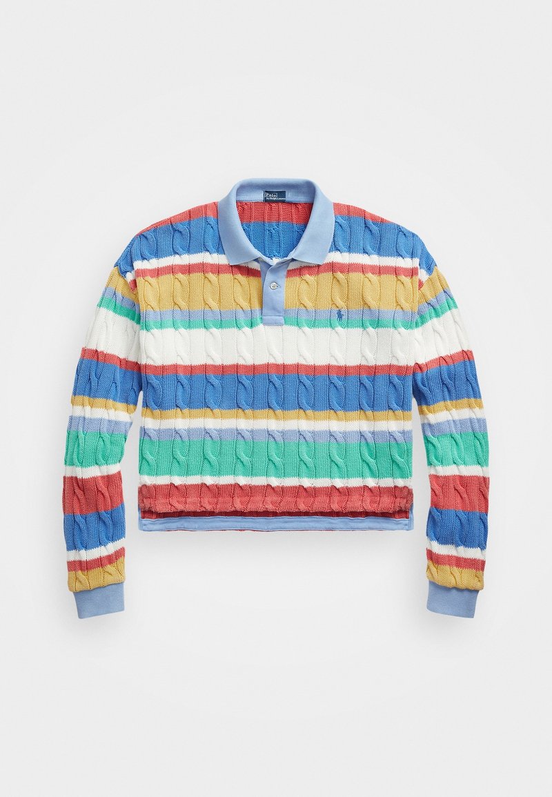 Pull à col polo à manches longues en maille torsadée rayée avec col bleu et rayures horizontales multicolores en rouge, bleu, jaune, vert, blanc et violet.