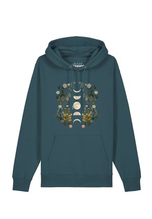 Türkisfarbener Hoodie mit floralem Design, das die Mondphasen in einer vertikalen Linie auf der Brust umgibt, mit Gänseblümchen und gelben Blumen.