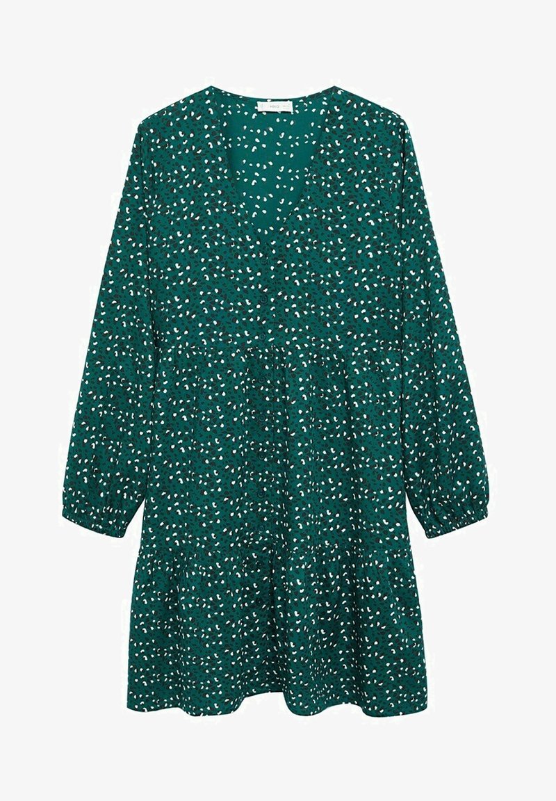 Robe longue à manches longues verte avec de petites taches abstraites blanches et noires, encolure en V, jupe à volants et poignets élastiques.