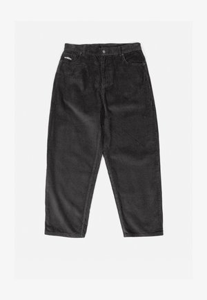 Pantaloni in corduroy neri con una vestibilità a gamba dritta, dotati di chiusura con bottoni, cinque tasche e un logo discreto sulla vita.
