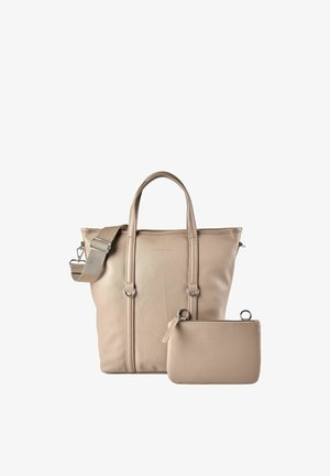 Beige leren handtas met dubbele handgrepen en afneembare schouderriem, vergezeld van een bijpassend etui met rits.