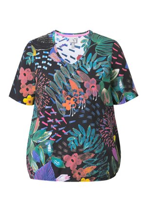 Top corto a maniche corte nero con motivo floreale e scollatura a V, caratterizzato da colori vivaci come il rosa, il verde e l'arancione, e una vestibilità rilassata.