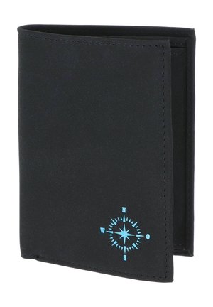 Portefeuille noir bifold avec un symbole rose des vents bleu clair dans le coin inférieur droit de la couverture avant.
