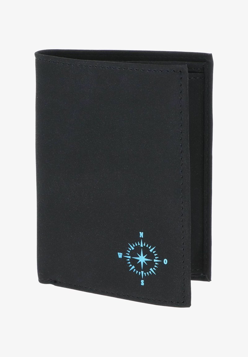 Portefeuille noir bifold avec un symbole rose des vents bleu clair dans le coin inférieur droit de la couverture avant.