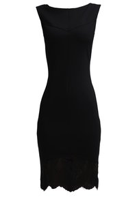 Robe noire sans manches longueur genou avec encolure bateau et bordure en dentelle à l'ourlet.