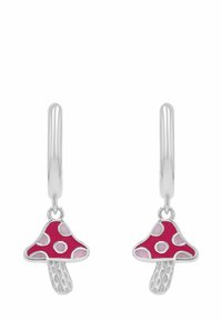 Orecchini a cerchio in argento con ciondoli a forma di fungo rossi e rosa, caratterizzati da pois e fusti texturizzati.