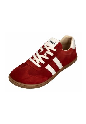 Red suede sneaker with white stripes, white laces, and a beige rubber sole. Features a rounded toe and a logo on the tongue.