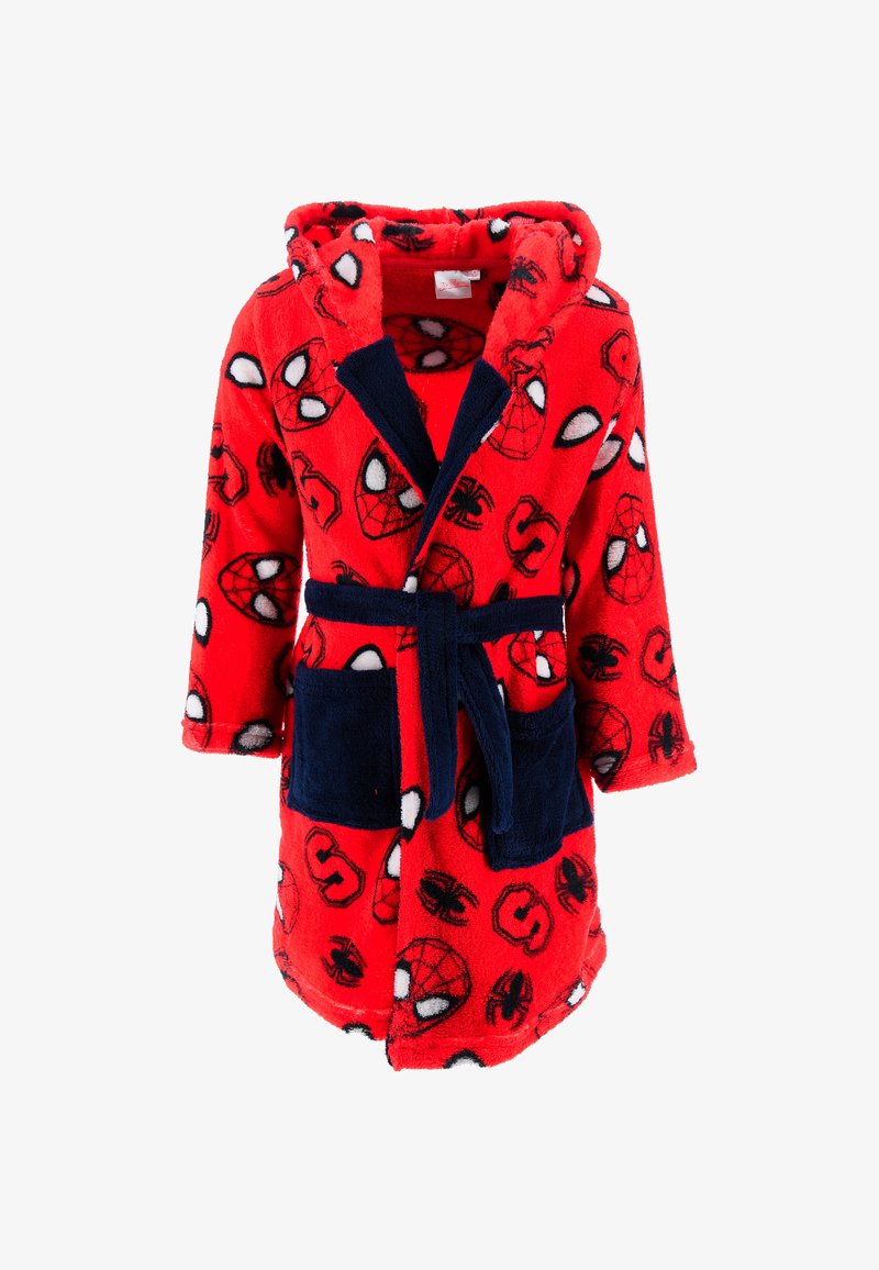 Rode fleece badjas met Spider-Man-print, marineblauwe accenten, zakken en een capuchon. Zachte textuur, verstelbare riem inbegrepen.