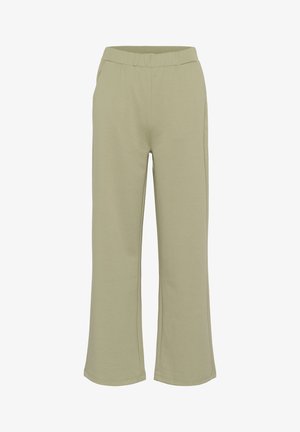 Svetlozeleni široki hlače iz mehkega materiala z elastičnim pasom in dvema stranskima žepoma. Gladka tekstura, sproščen dizajn.