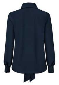 Ciemnonawiedziana bluzka z długimi rękawami, kołnierzykiem i zapięciami na guziki. Posiada detal w postaci wiązania z tyłu, wykonana z gładkiego, miękkiego materiału.