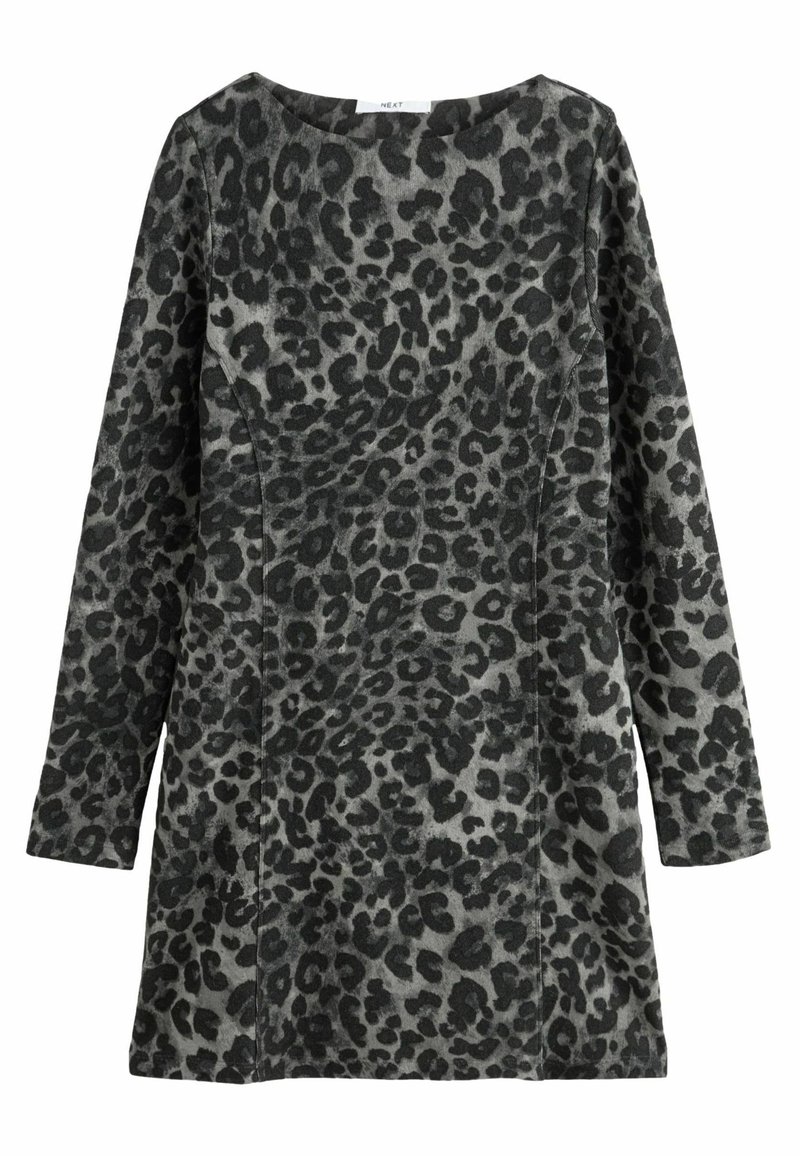 Robe à manches longues, longueur genou, imprimé léopard gris et noir avec un col rond, présentée sur fond blanc.