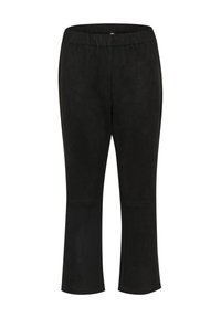 Pantalones de ante sintético negro, suaves y con una amplia cinturilla elástica y un dobladillo recortado, que cuentan con una textura suave y un diseño minimalista.