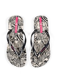 Black flip-flops with zebra print footbed, featuring a pink "I ♥ Ipanema" label. Material appears rubber; design has a flat, casual shape.